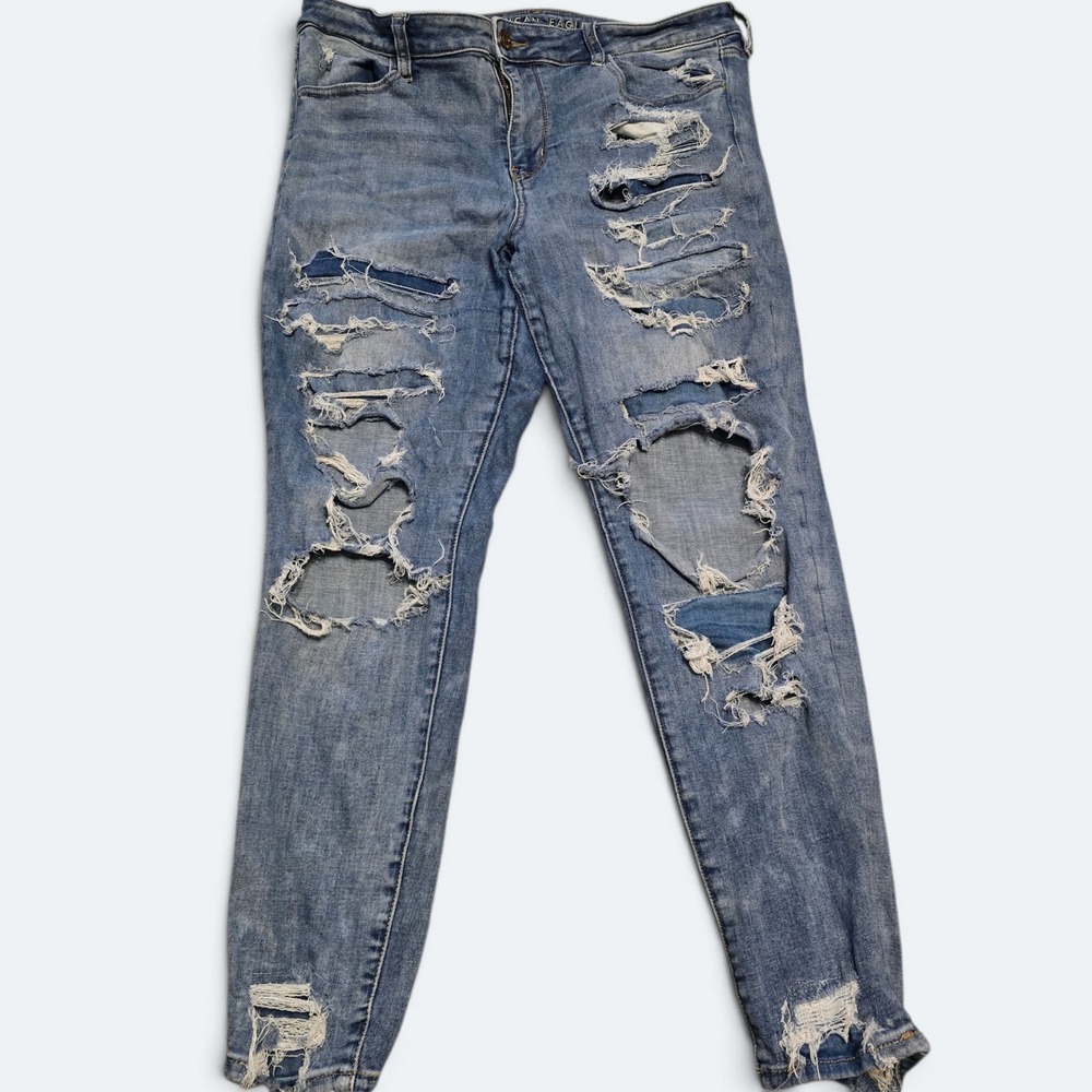 American Eagle Distressed Skinny Jeans Womens Size 16 Short Blue Denim Ripped